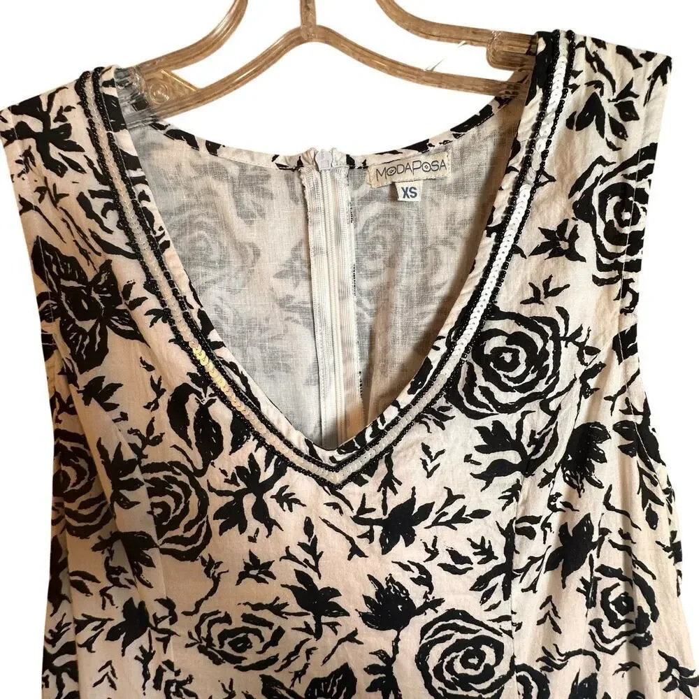 ModaPosa Womens XS Black White Floral Sleeveless Swing Dress Lace Up Back‎ Lined - Picture 4 of 16